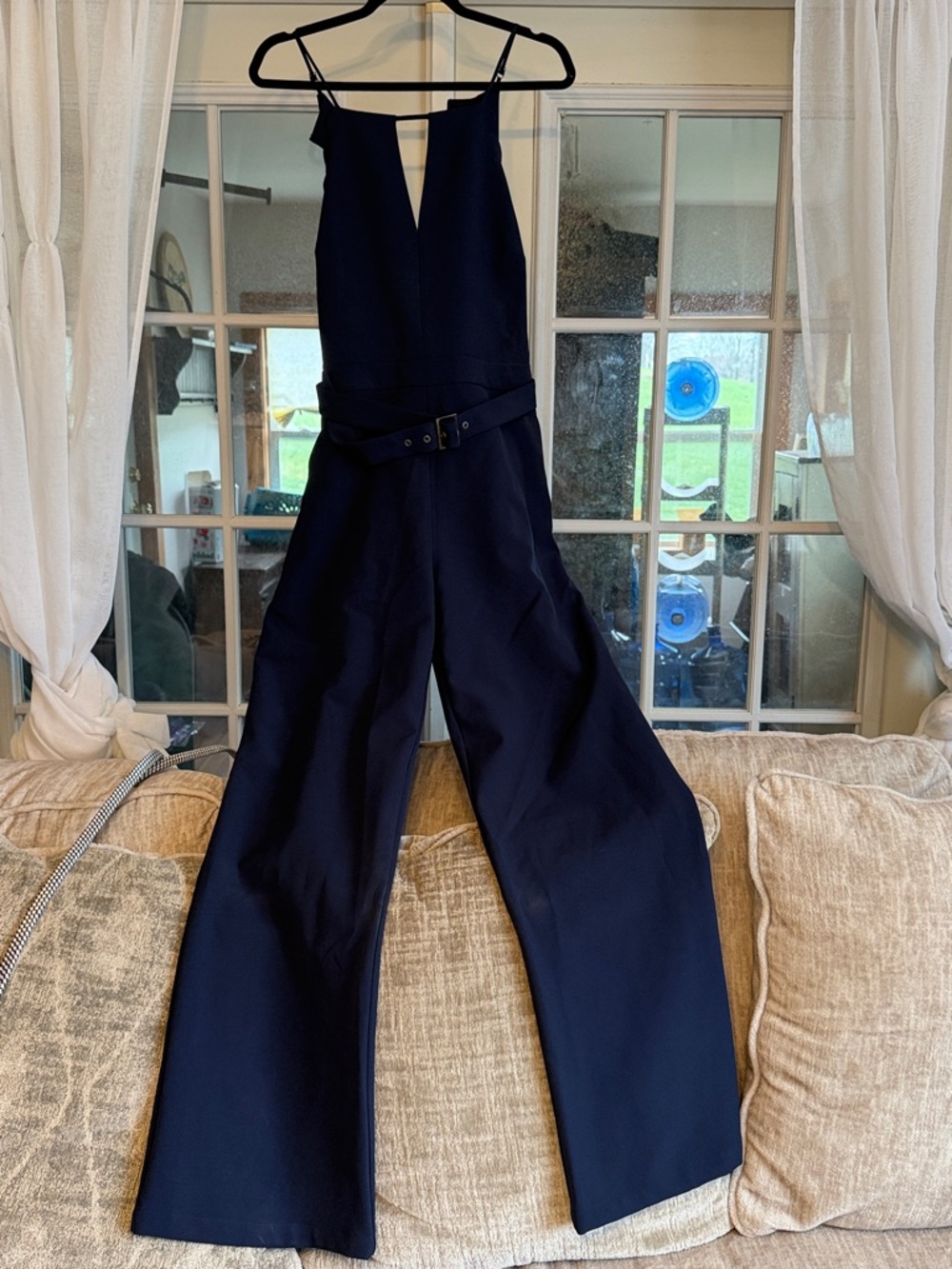 Adelyn Rae Navy Wide-Leg Belted Jumpsuit